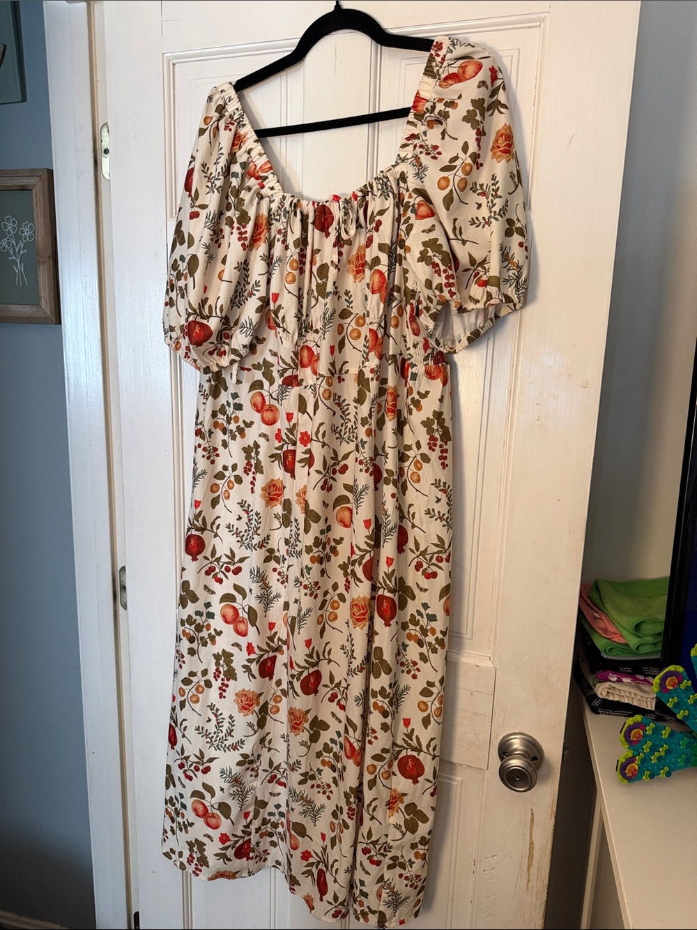 Cider Cream Floral Puff Sleeve Midi Dress with Red & Green Accents